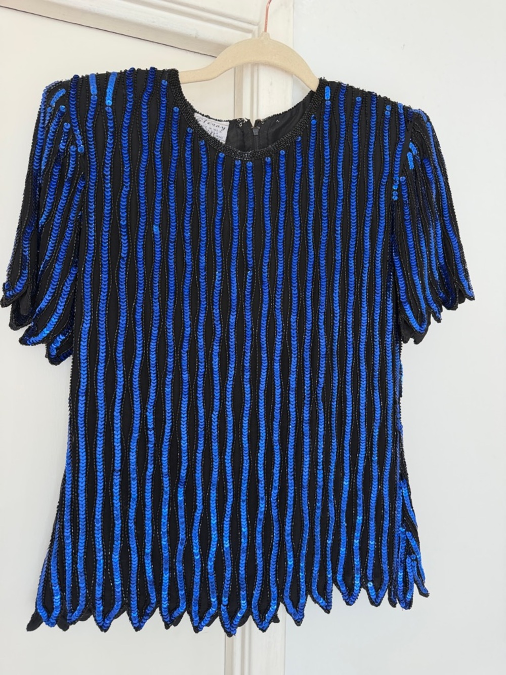 Stenay Black and Blue Sequin Stripe Short Sleeve Top